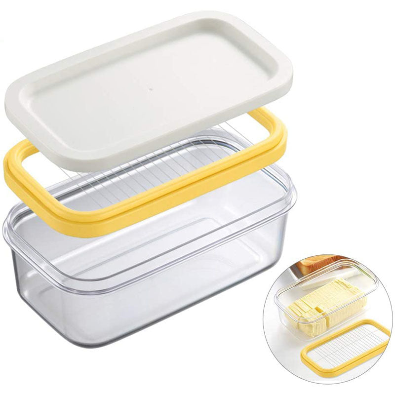 Plastic butter dish with silicone lid and slicer