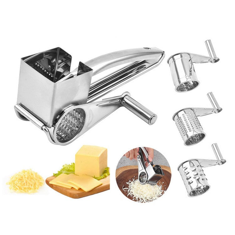 Manual cheese grater with three interchangeable blades