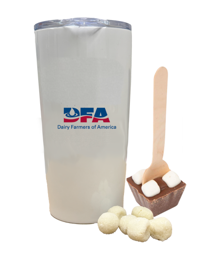 Hot Chocolate Tumbler, chocolate spoon and sugar cookie cubes.