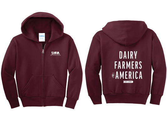 "DAIRY FARMERS OF AMERICA, est. 1998" youth sweatshirt zip-up hoodie